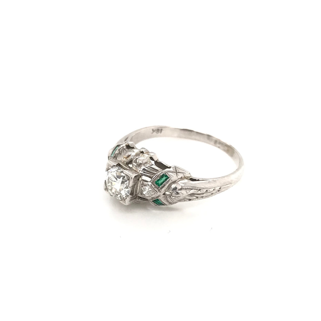 0.50 CARAT ART DECO DIAMOND AND EMERALD RING