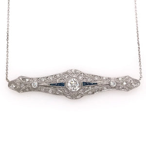 ANTIQUE 0.65 CARAT DIAMOND SAPPHIRE AND PLATINUM FILIGREE NECKLACE