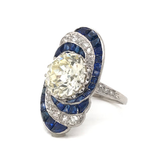 ART DECO 3.15 CARAT DIAMOND AND SAPPHIRE PLATINUM RING