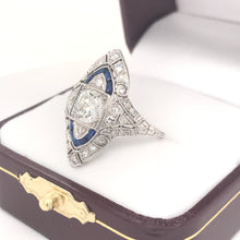 ART DECO 1 CARAT DTW DIAMOND AND SAPPHIRE PLATINUM RING