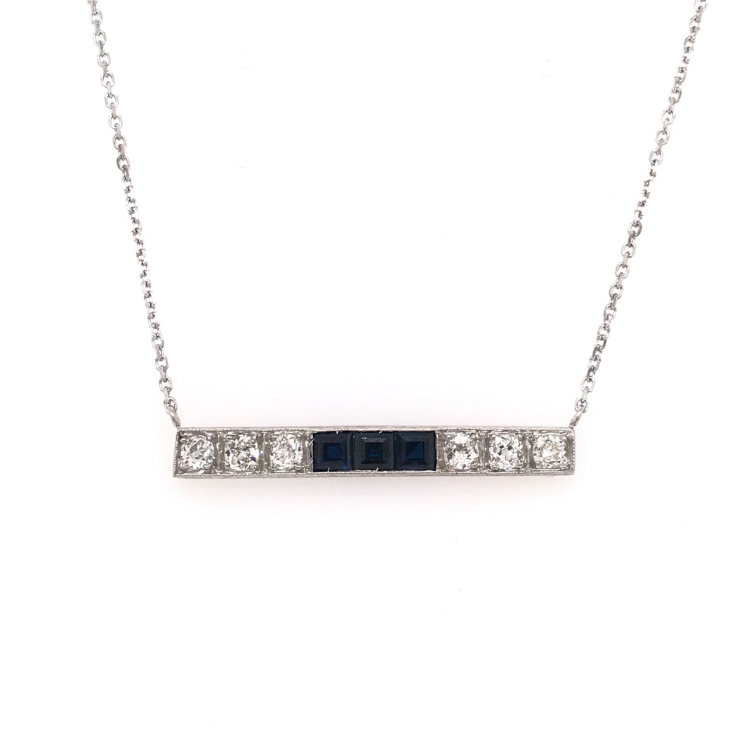 ANTIQUE DIAMOND AND SAPPHIRE PLATINUM BAR NECKLACE