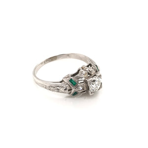 0.50 CARAT ART DECO DIAMOND AND EMERALD RING