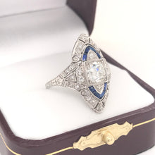 ART DECO 1 CARAT DTW DIAMOND AND SAPPHIRE PLATINUM RING