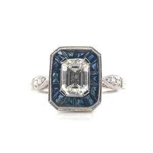 ANTIQUE STYLE 1.12 CARAT DIAMOND SAPPHIRE AND PLATINUM RING