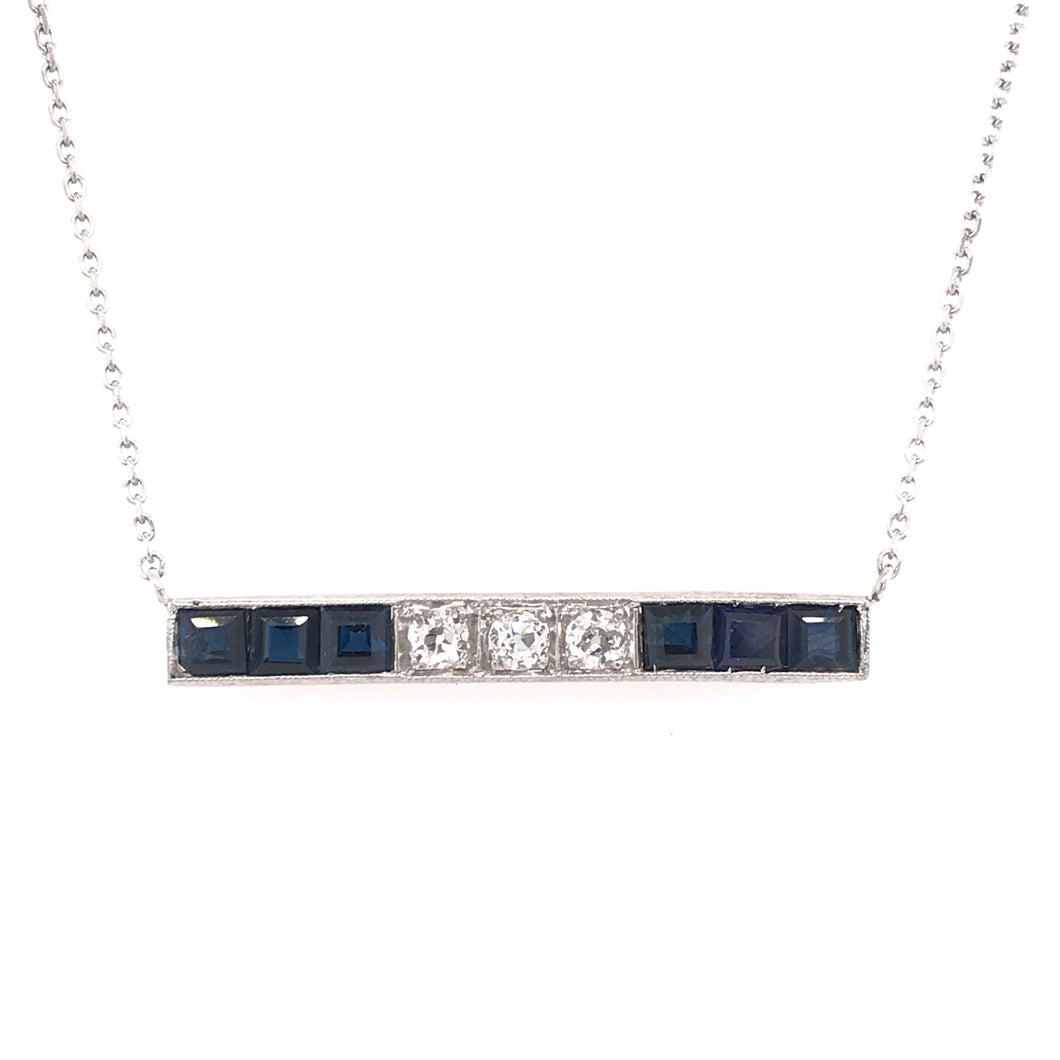 ANTIQUE SAPPHIRE AND DIAMOND PLATINUM BAR NECKLACE