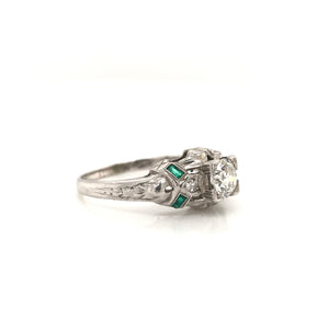 0.50 CARAT ART DECO DIAMOND AND EMERALD RING