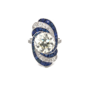 ART DECO 3.15 CARAT DIAMOND AND SAPPHIRE PLATINUM RING