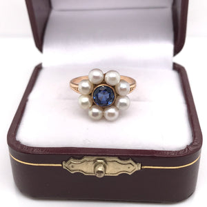 MID CENTURY PEARL AND SYNTHETIC SAPPHIRE RING