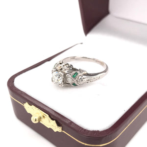 0.50 CARAT ART DECO DIAMOND AND EMERALD RING