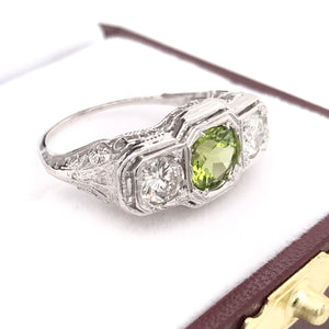 ART DECO PERIDOT AND DIAMOND FILIGREE RING