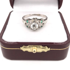 0.50 CARAT ART DECO DIAMOND AND EMERALD RING