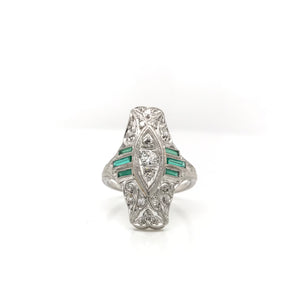 ANTIQUE DIAMOND AND EMERALD FILIGREE DINNER RING