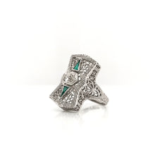 ANTIQUE ART DECO EMERALD AND DIAMOND FILIGREE RING