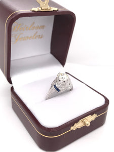 ANTIQUE ART DECO 1.50 CARAT DIAMOND AND SAPPHIRE PLATINUM FILIGREE RING