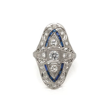 ANTIQUE ART DECO DIAMOND AND SAPPHIRE FILIGREE DINNER RING