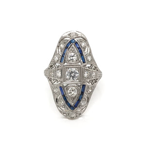 ANTIQUE ART DECO DIAMOND AND SAPPHIRE FILIGREE DINNER RING