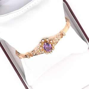 ANTIQUE ART NOUVEAU AMETHYST AND PEARL BANGLE BRACELET