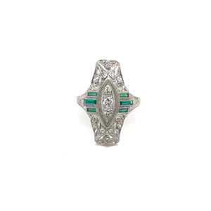 ANTIQUE DIAMOND AND EMERALD FILIGREE DINNER RING