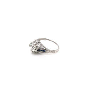 ANTIQUE ART DECO 1.25 CARAT DIAMOND AND SAPPHIRE FILIGREE SOLITAIRE STYLE PLATINUM RING