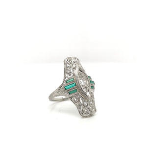 ANTIQUE DIAMOND AND EMERALD FILIGREE DINNER RING
