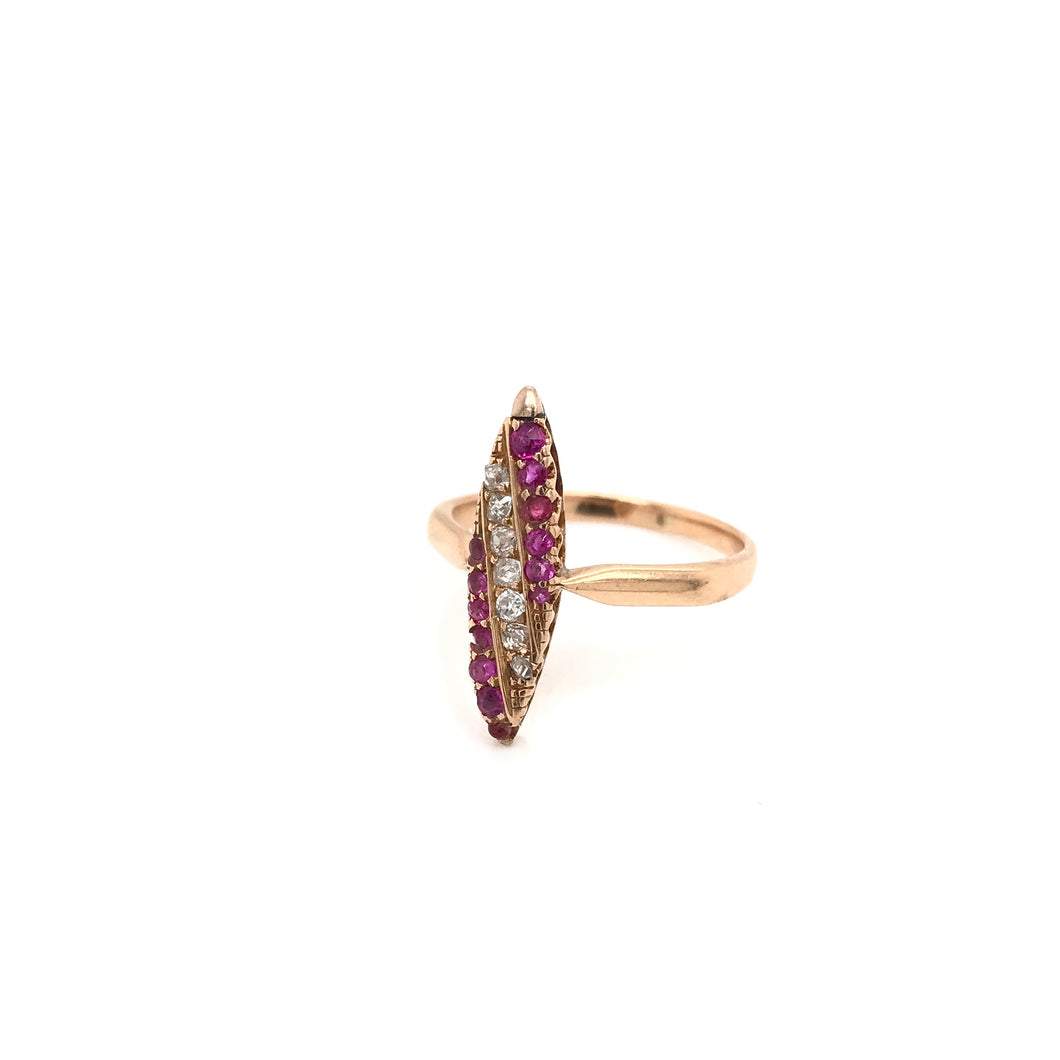 VICTORIAN RUBY DIAMOND AND ROSE GOLD NAVETTE RING