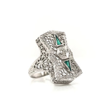 ANTIQUE ART DECO EMERALD AND DIAMOND FILIGREE RING