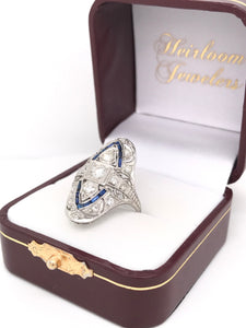 ANTIQUE ART DECO DIAMOND AND SAPPHIRE FILIGREE DINNER RING
