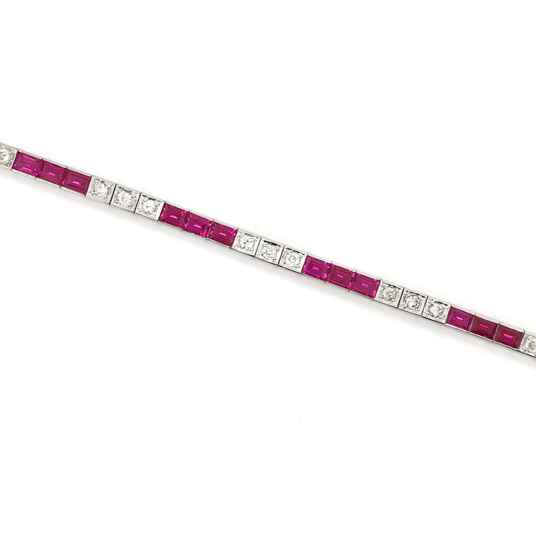ANTIQUE ART DECO DIAMOND AND SYNTHETIC RUBY LINE BRACELET