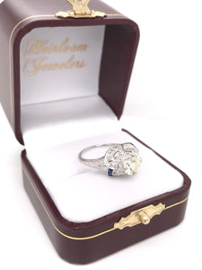 ANTIQUE ART DECO 1.50 CARAT DIAMOND AND SAPPHIRE PLATINUM FILIGREE RING