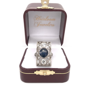 ART DECO 3 CARAT SAPPHIRE AND DIAMOND PLATINUM FILIGREE RING