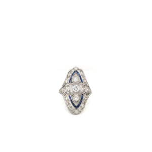 ANTIQUE ART DECO DIAMOND AND SAPPHIRE FILIGREE DINNER RING