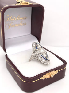 ANTIQUE ART DECO DIAMOND AND SAPPHIRE FILIGREE DINNER RING