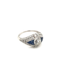 ART DECO STYLE DIAMOND AND SAPPHIRE RING FEATURING ANTIQUE 1.50 CARAT OLD MINE CUT DIAMOND