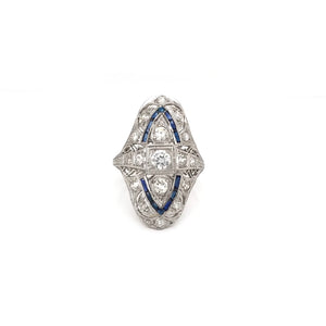 ANTIQUE ART DECO DIAMOND AND SAPPHIRE FILIGREE DINNER RING