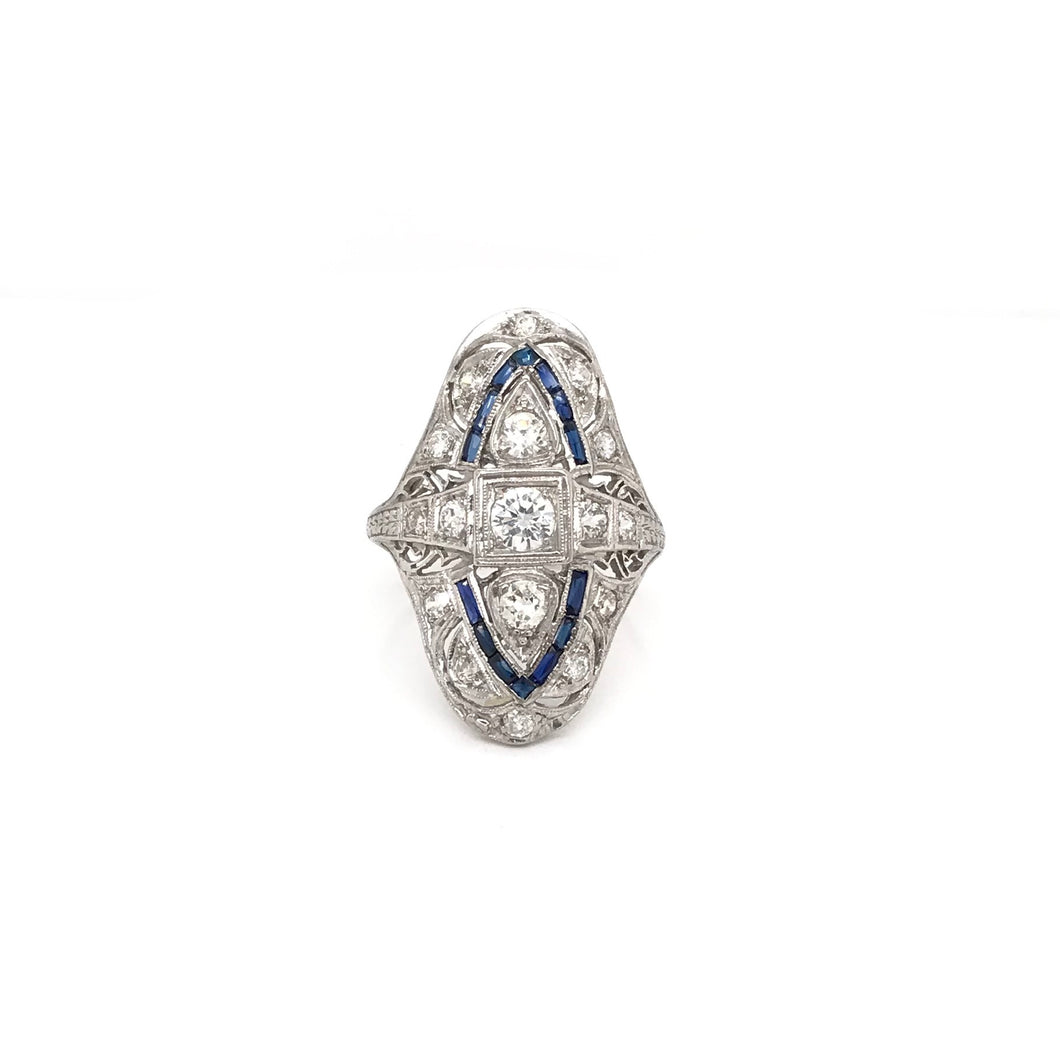 ANTIQUE ART DECO DIAMOND AND SAPPHIRE FILIGREE DINNER RING