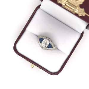 ART DECO STYLE DIAMOND AND SAPPHIRE RING FEATURING ANTIQUE 1.50 CARAT OLD MINE CUT DIAMOND