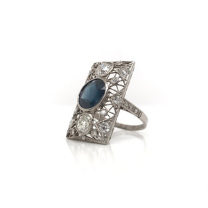 ART DECO 3 CARAT SAPPHIRE AND DIAMOND PLATINUM FILIGREE RING