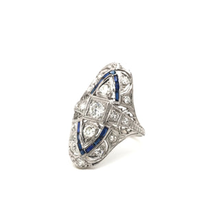 ANTIQUE ART DECO DIAMOND AND SAPPHIRE FILIGREE DINNER RING