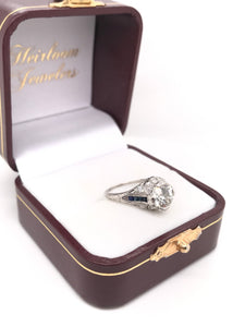 ANTIQUE ART DECO 1.25 CARAT DIAMOND AND SAPPHIRE FILIGREE SOLITAIRE STYLE PLATINUM RING