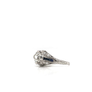 ANTIQUE ART DECO 1.25 CARAT DIAMOND AND SAPPHIRE FILIGREE SOLITAIRE STYLE PLATINUM RING