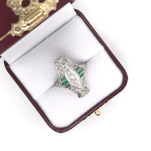 ANTIQUE DIAMOND AND EMERALD FILIGREE DINNER RING