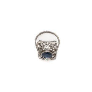 ART DECO 3 CARAT SAPPHIRE AND DIAMOND PLATINUM FILIGREE RING