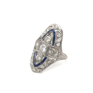 ANTIQUE ART DECO DIAMOND AND SAPPHIRE FILIGREE DINNER RING