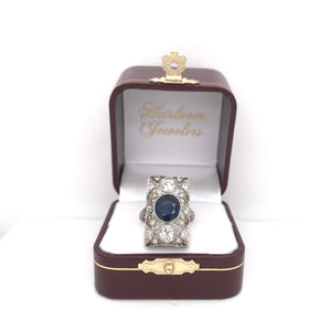 ART DECO 3 CARAT SAPPHIRE AND DIAMOND PLATINUM FILIGREE RING