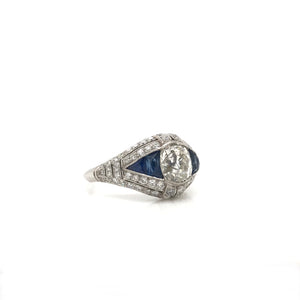 ART DECO STYLE DIAMOND AND SAPPHIRE RING FEATURING ANTIQUE 1.50 CARAT OLD MINE CUT DIAMOND