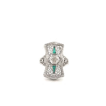 ANTIQUE ART DECO EMERALD AND DIAMOND FILIGREE RING