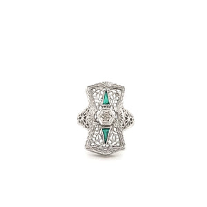 ANTIQUE ART DECO EMERALD AND DIAMOND FILIGREE RING