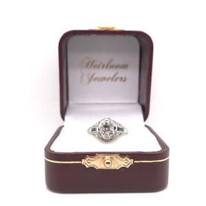 ANTIQUE ART DECO 1.25 CARAT DIAMOND AND SAPPHIRE FILIGREE SOLITAIRE STYLE PLATINUM RING