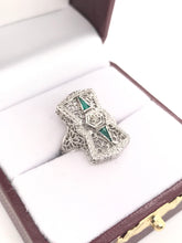 ANTIQUE ART DECO EMERALD AND DIAMOND FILIGREE RING