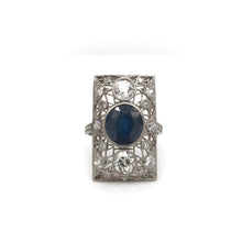 ART DECO 3 CARAT SAPPHIRE AND DIAMOND PLATINUM FILIGREE RING